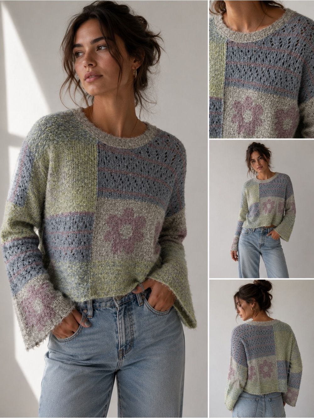 Sincerely Jules Wpmen’s Cropped Chunky Knit Bell Sleeve Floral Pattern Size M